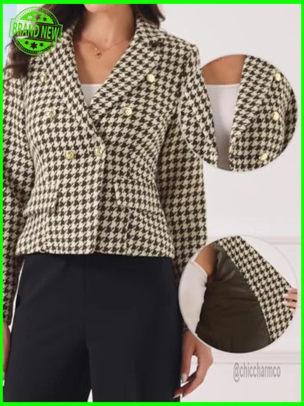 Cropped Houndstooth Blazer Notch Lapel Long Sleeve Button Down Work Jacket